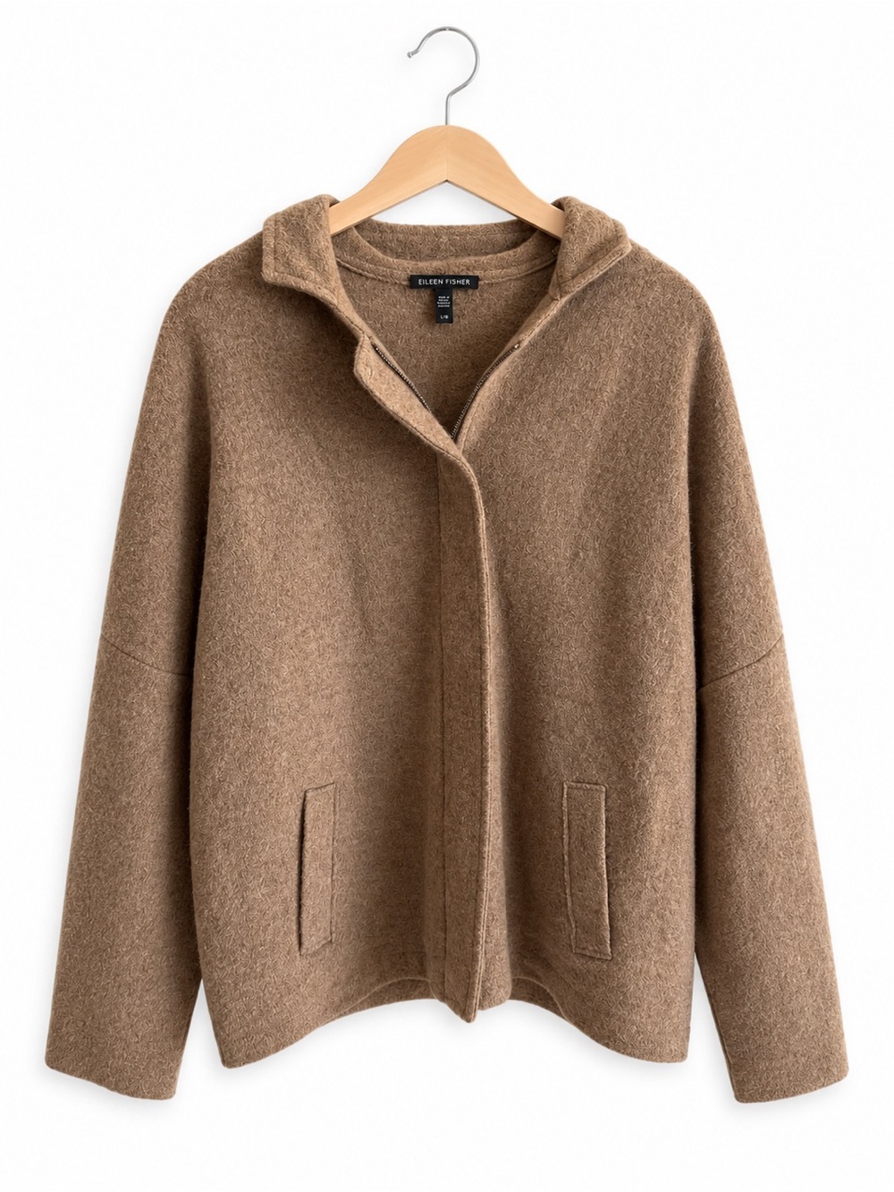 Eileen Fisher 100% Merino Wool Zip Up Jacket Coat Light Brown Quiet Luxury Large